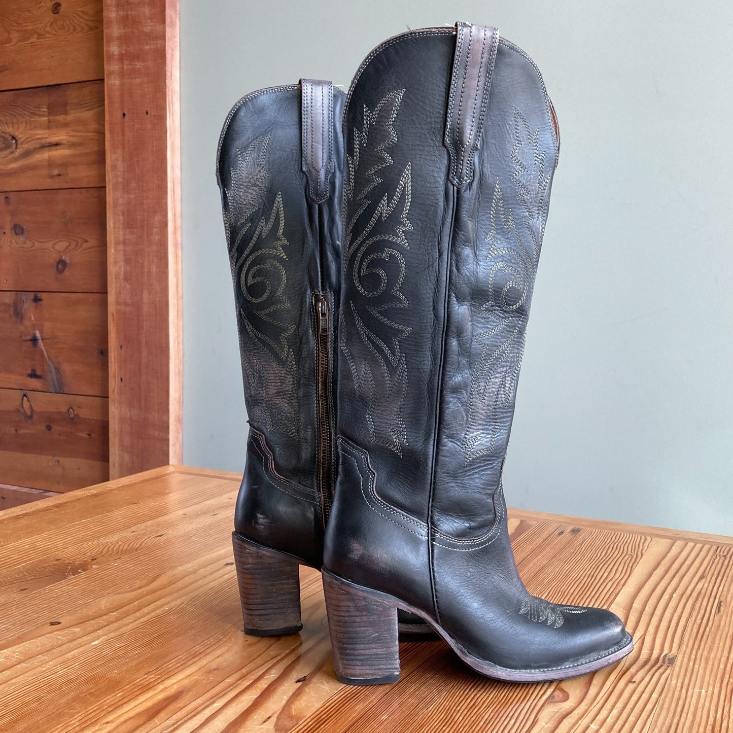 9 - Freebird Black Leather Embroidered Heeled Panama Knee High Boots 0628AC