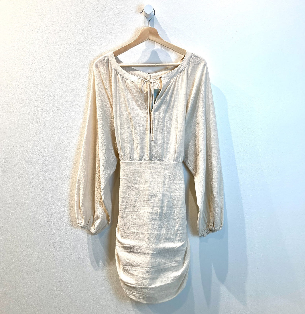 Free People White Long Blouson Sleeve Ruched Mini Dress - Size M - 0812AL