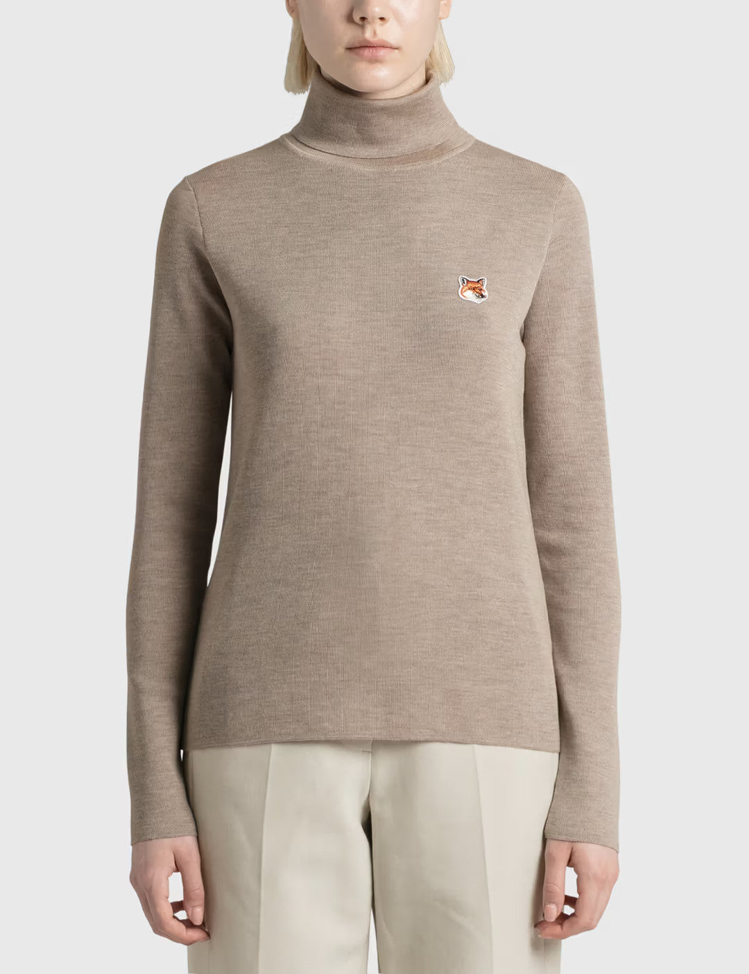 S - Maison Kitsune Tan Wool Long Sleeve Turtleneck Fox Head Patch Sweater 1008RA