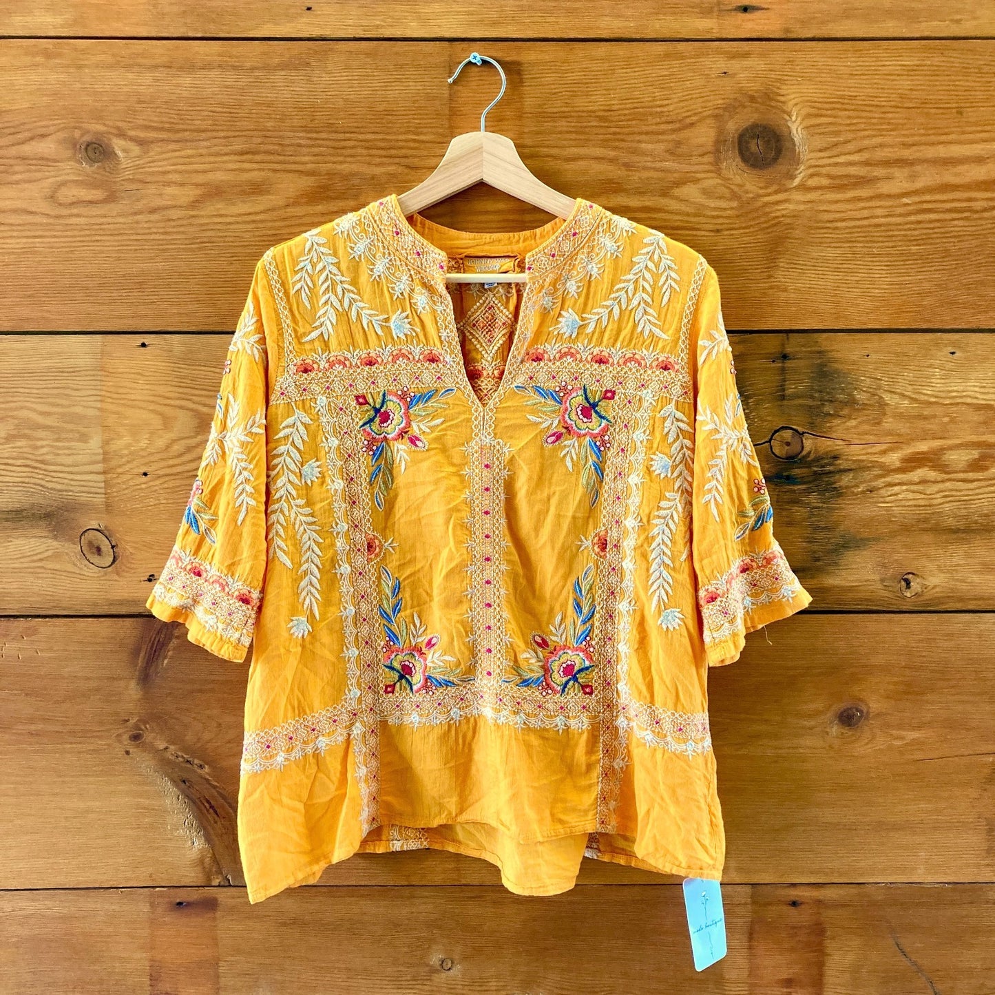 Johnny Was Golden Yellow Embroidered 3/4 Sleeve Blouse Top - Size S - 0621AS