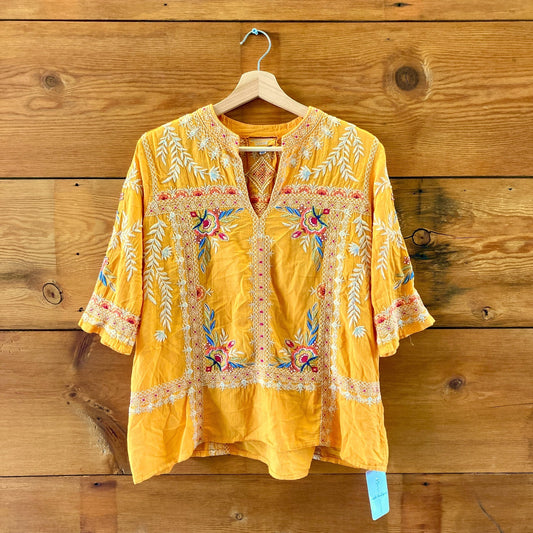 Johnny Was Golden Yellow Embroidered 3/4 Sleeve Blouse Top - Size S - 0621AS