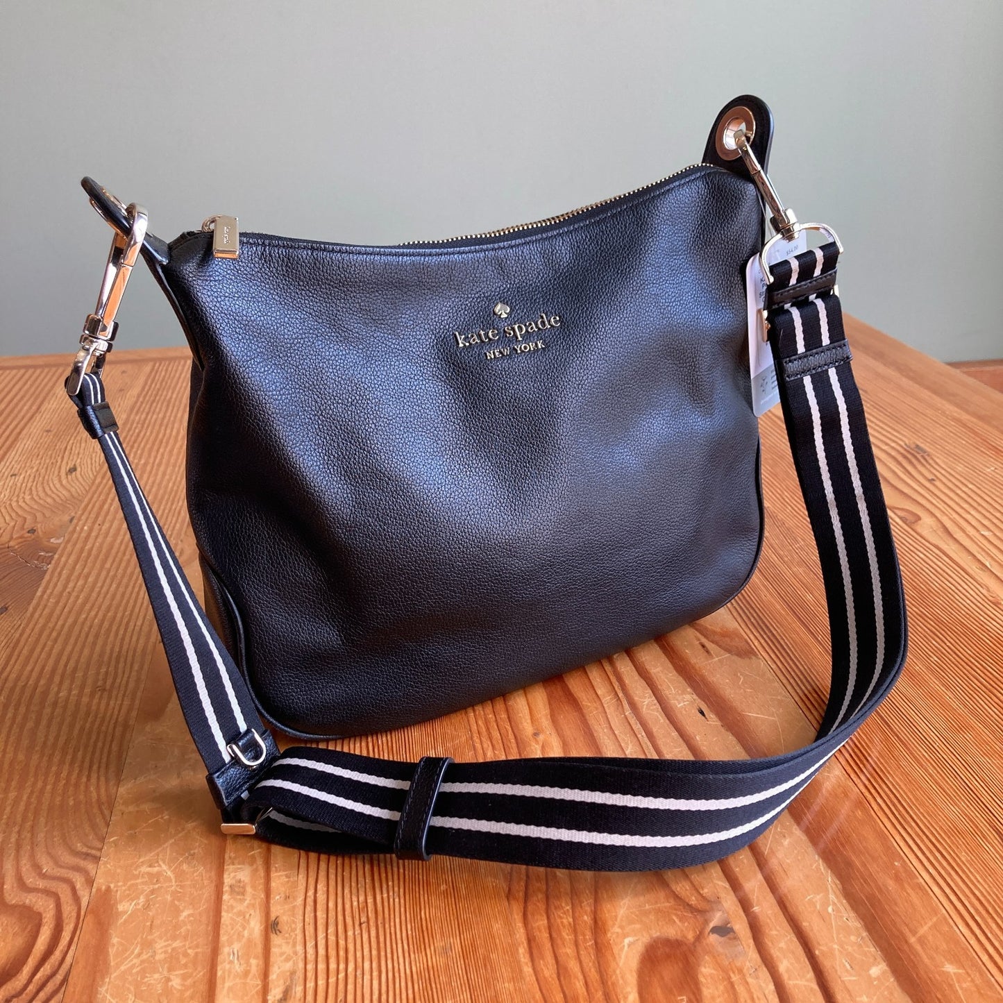 Kate Spade Black Pebbled Leather Striped Strap Emma Crossbody Bag - 0311AY