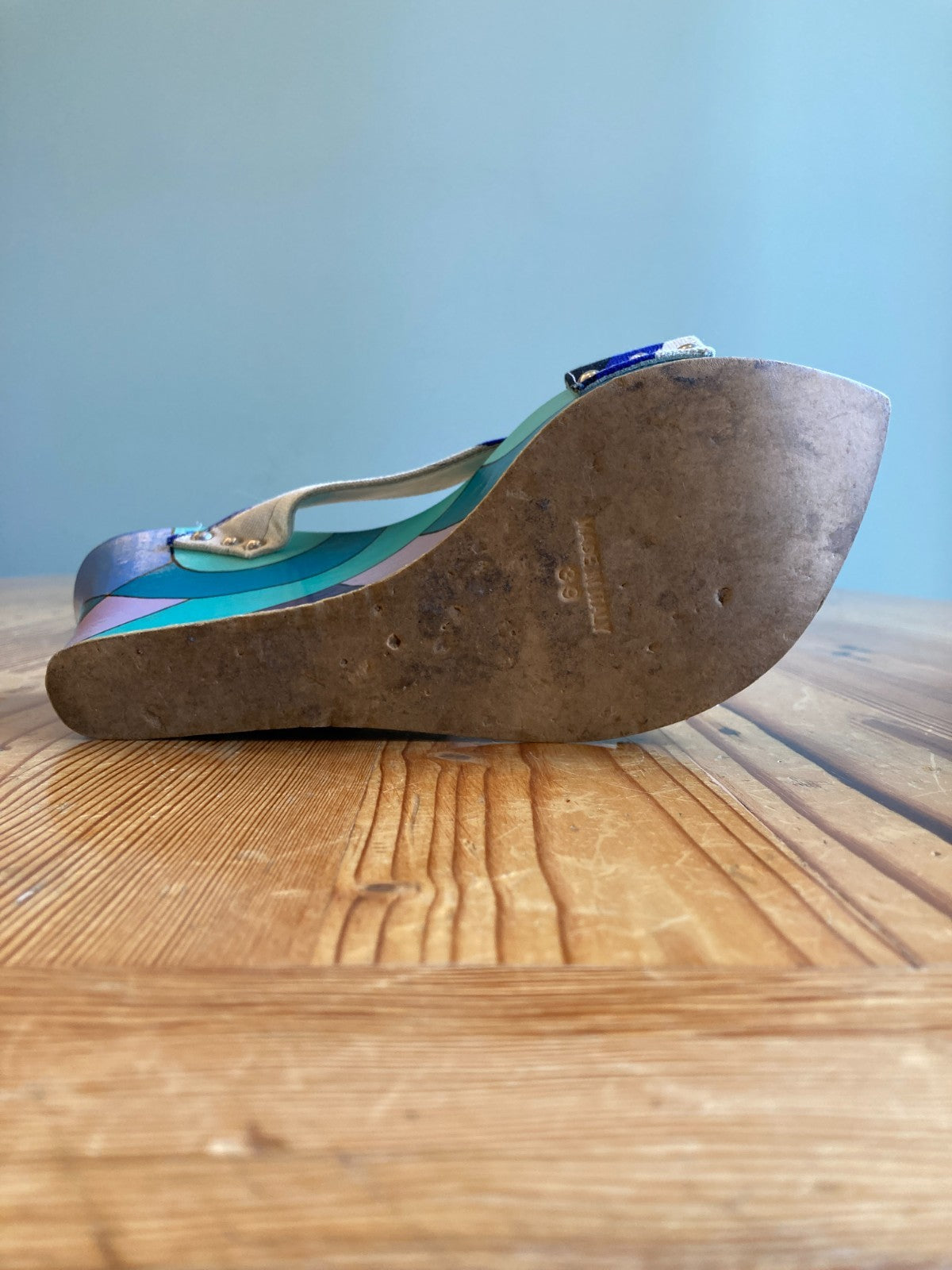 Emilio Pucci Aqua Teal Pointed Slip-on Wedge Sandals - Size 39 / 8.5 - 1019HV