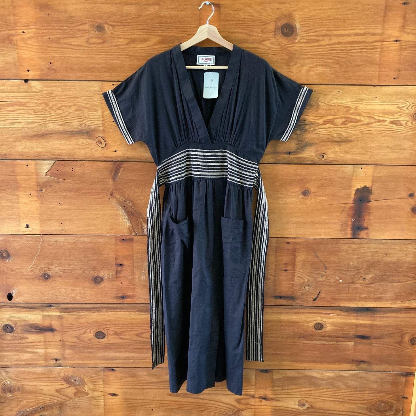 Ikorre Black V-Neck Embroidered Short Sleeve Midi Dress - Size 1 / S - 1022SW