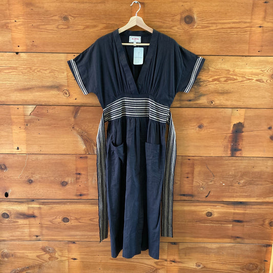 Ikorre Black V-Neck Embroidered Short Sleeve Midi Dress - Size 1 / S - 1022SW