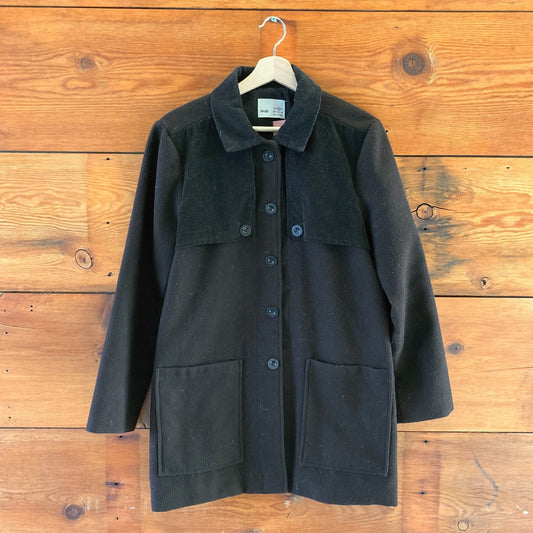 XS - Loup Black Fleece Button Up Corduroy Contrast Long Chore Coat 0410KB