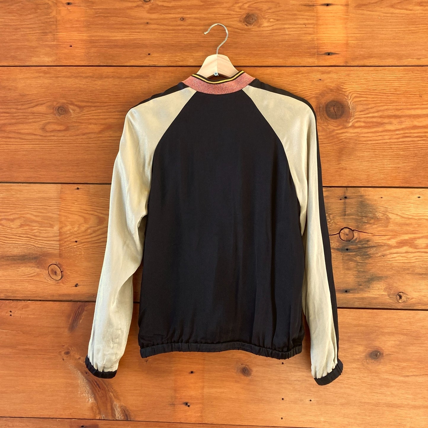 1 / S - Maison Scotch Black Pink 'M' Silky Letterman Bomber Jacket 0106MG