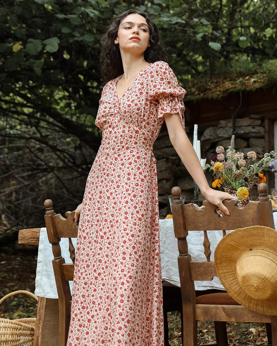 Atelette Pink Red Floral Print Florenzia Short Sleeve Dress - Size S - 0313SH