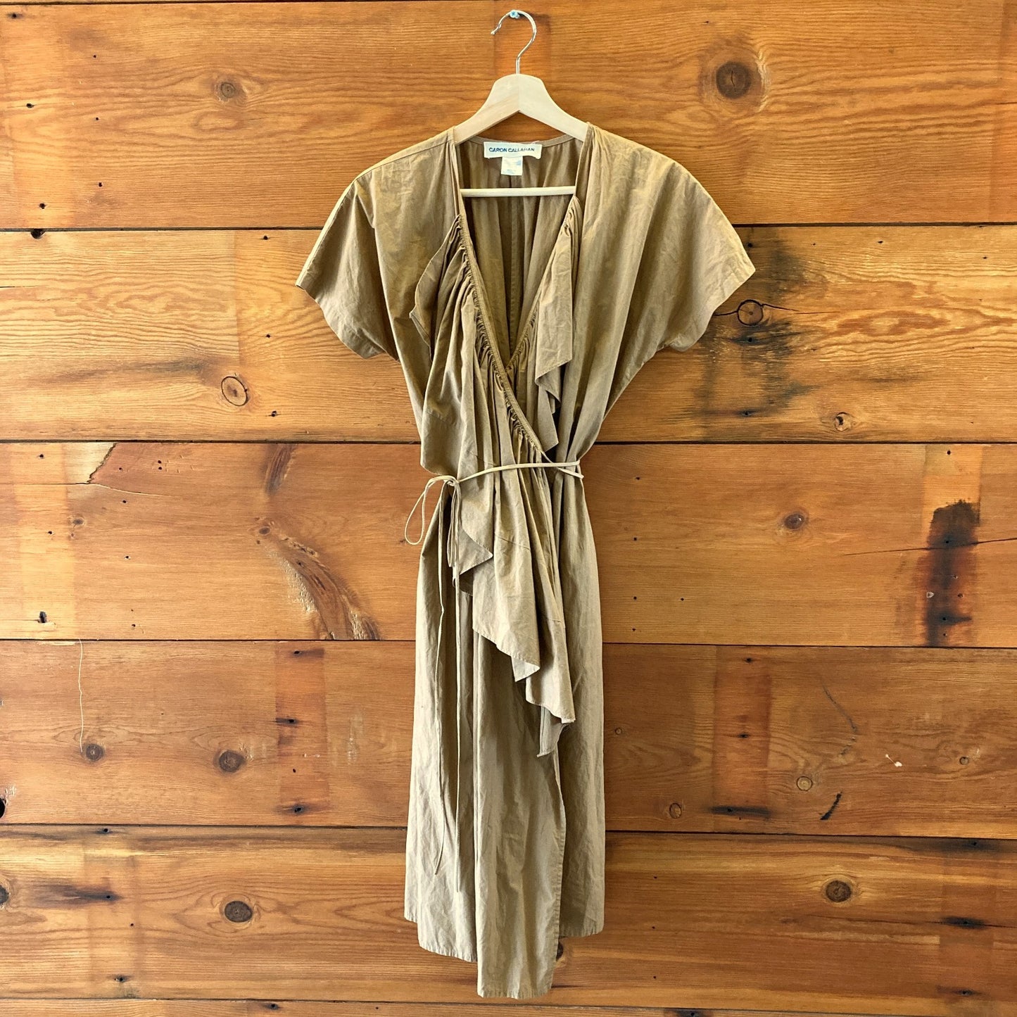 Caron Callahan Brown Midi Cotton Gathered Ruffle Wrap Dress - Size M - 0419JP