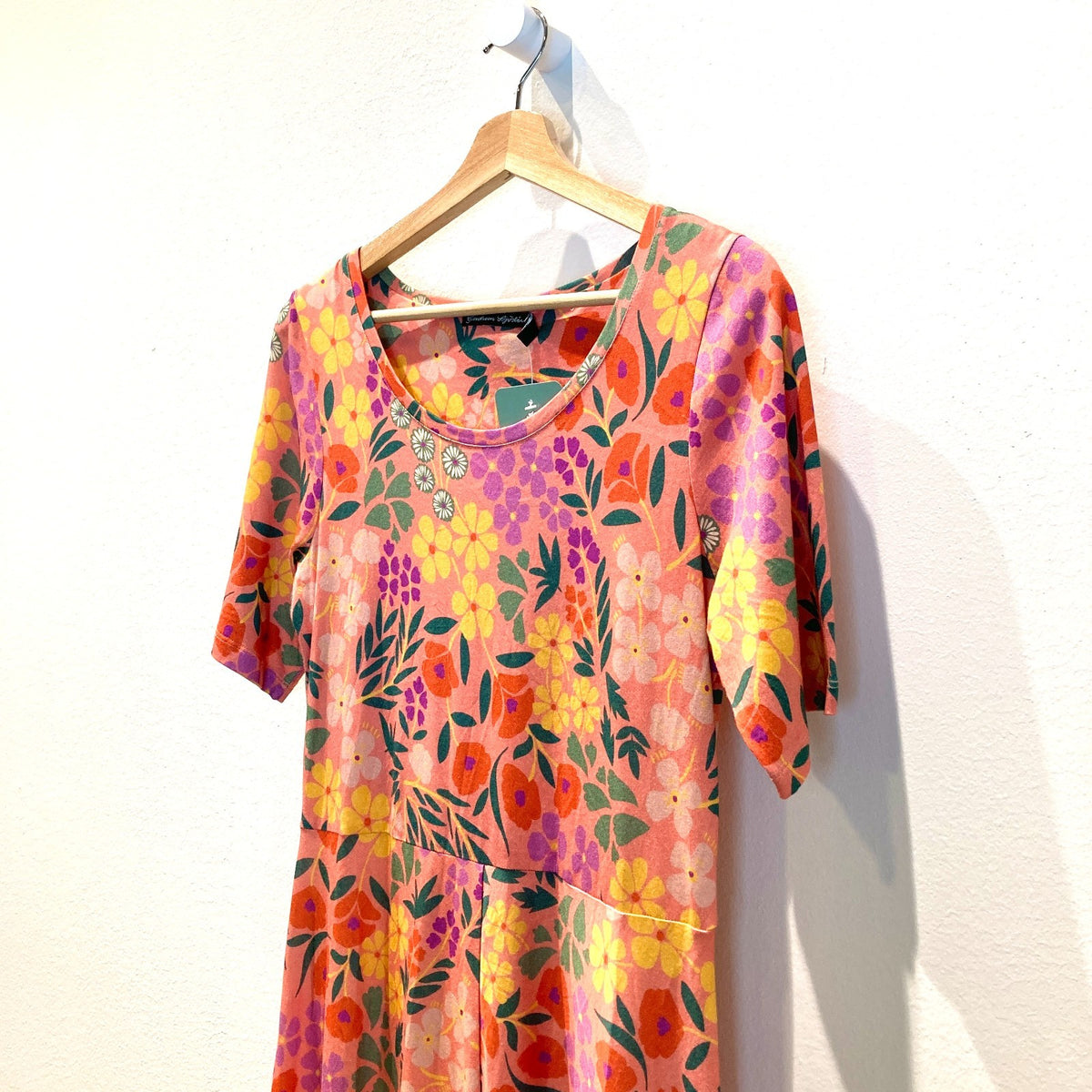 Gudrun Sjoden Pink Floral Print Short Sleeve Scoop Neck Dress - Size XS - 0320JS