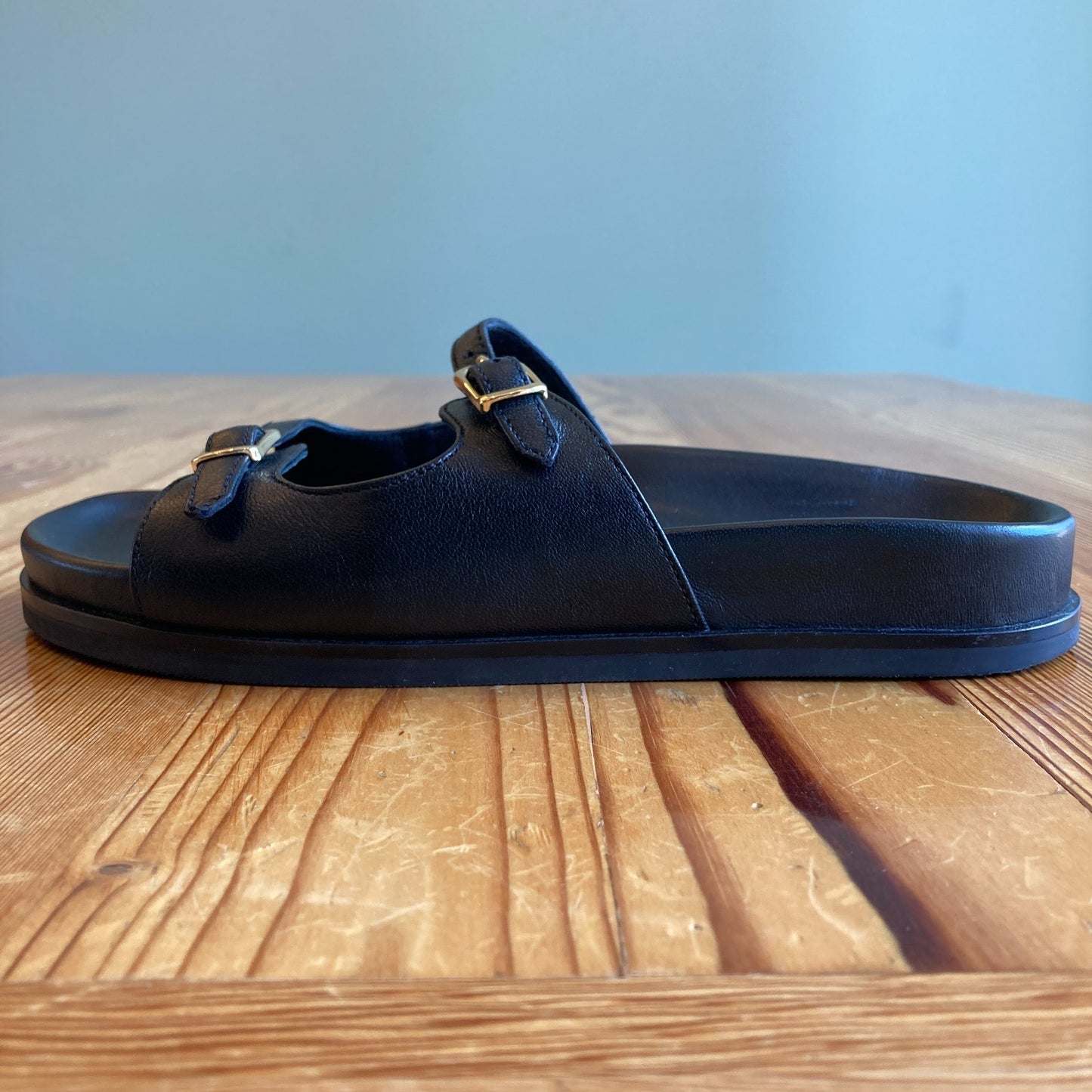 J Crew $198 Black Leather New Colbie Buckle Two Strap Sandals - Size 7 - 1122KP