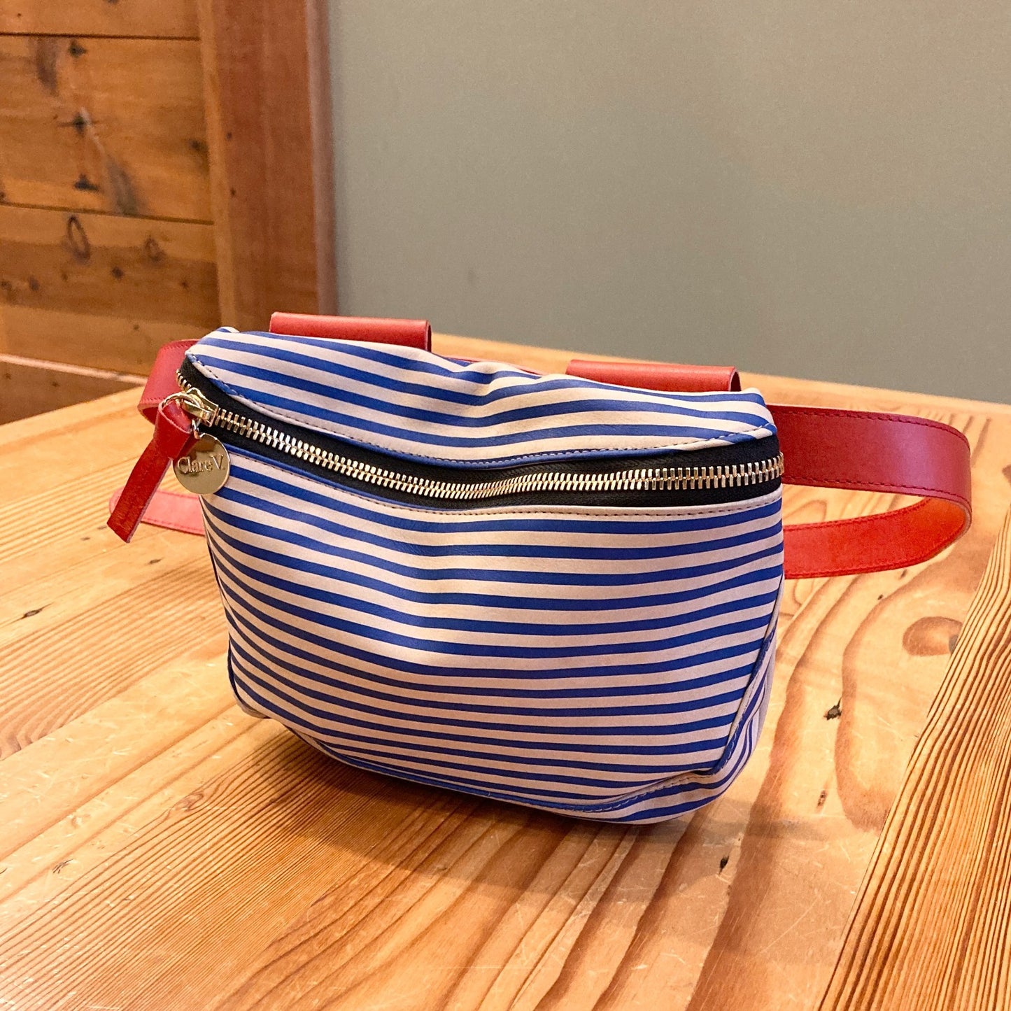 Clare V. Blue White Stripe Supreme Waist Pack Hip Red Belt Bag 0106MG