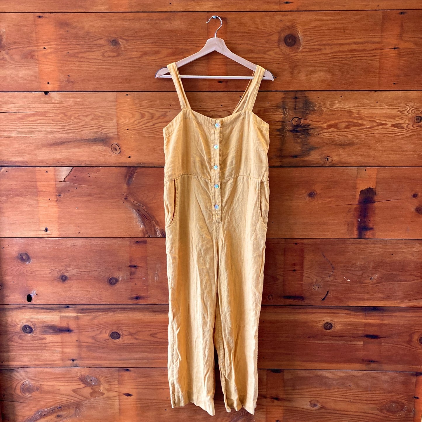 S - Sugar Candy Mountain $280 Mustard Linen Sleeveless Orchid Jumpsuit 0312IG