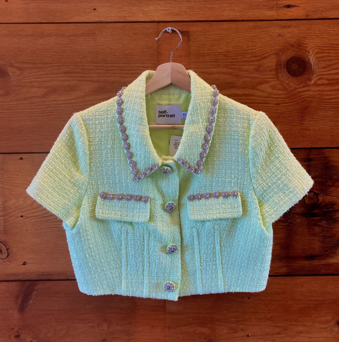 Self Portrait Pale Lime Green Crystal-Trim Tweed Crop Jacket - Size 8 - 1016LD