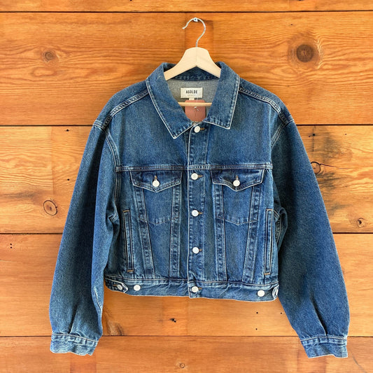 L - AGOLDE Dark Wash Button Up Cropped Classic Trucker Charli Jean Jacket 0120NE