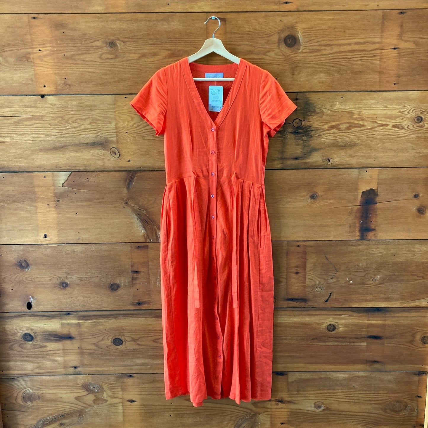 Liz Allig Poppy Red Orange Linen Midi Button Up Dress - Size S - 0607MK