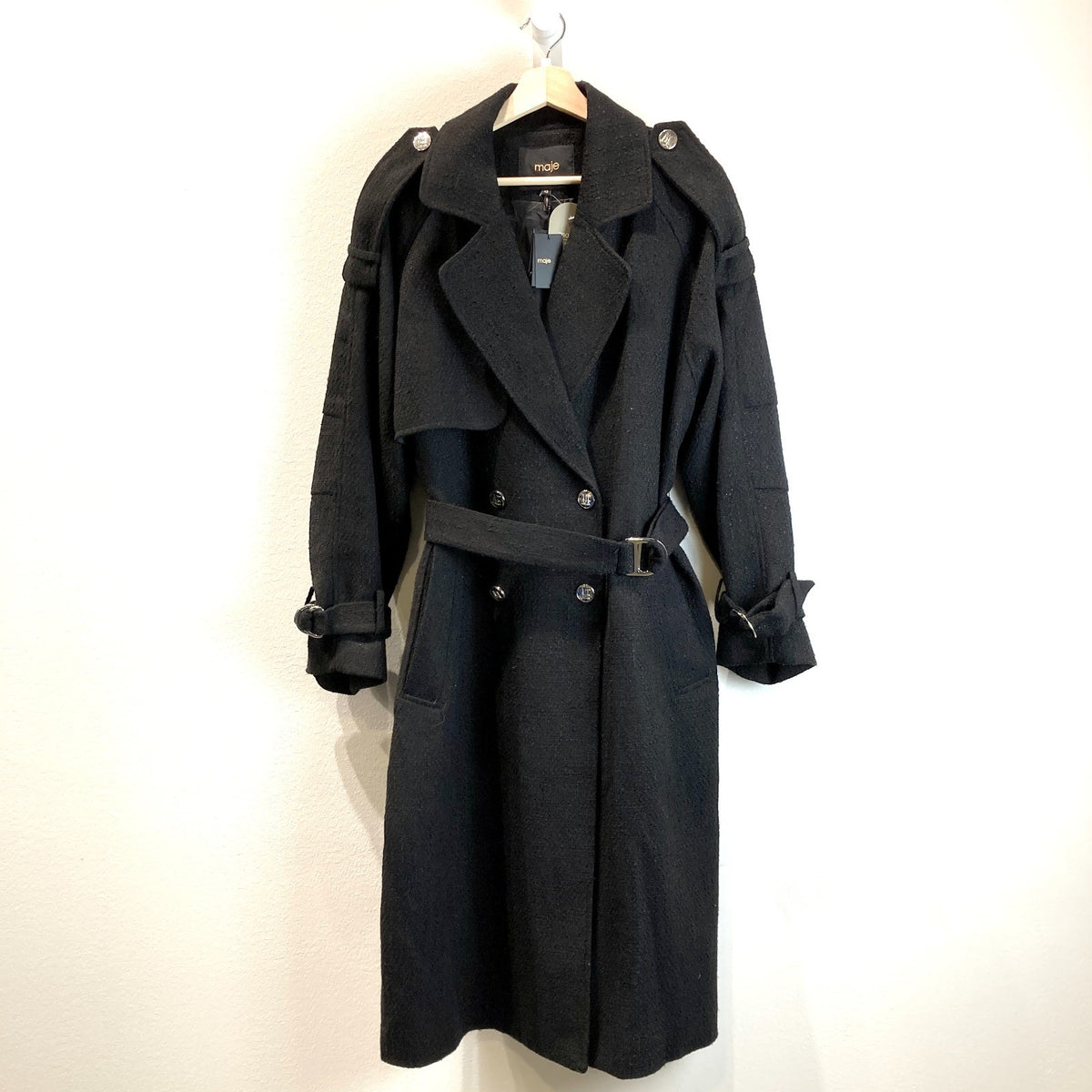 Maje $685 Black Button Up Belted Long Overcoat Jacket - Sz 42 / L - NEW - 1012HA