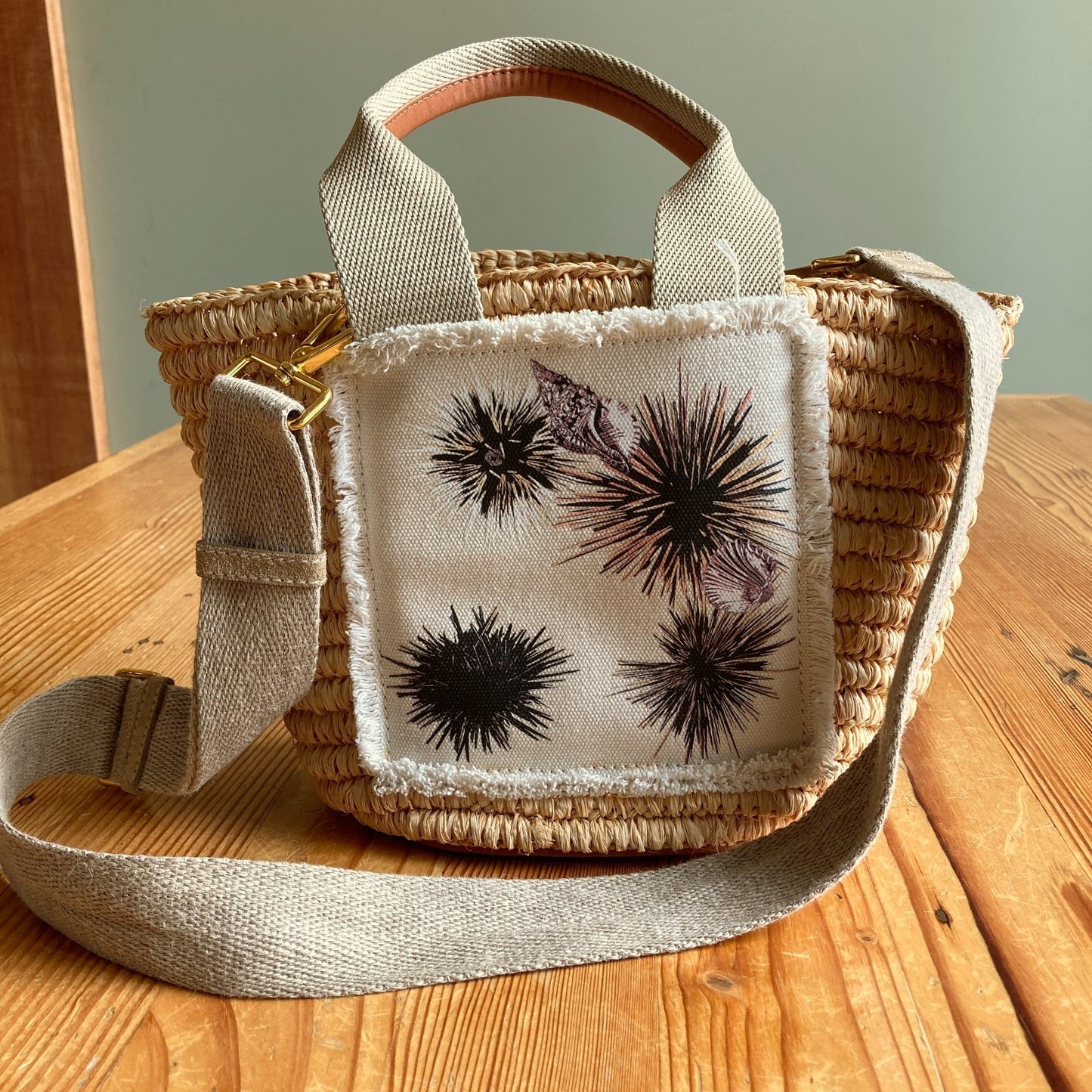 Kenzo Raffia & Canvas Straps Sea Urchin Crossbody Purse Bag - 0422VS