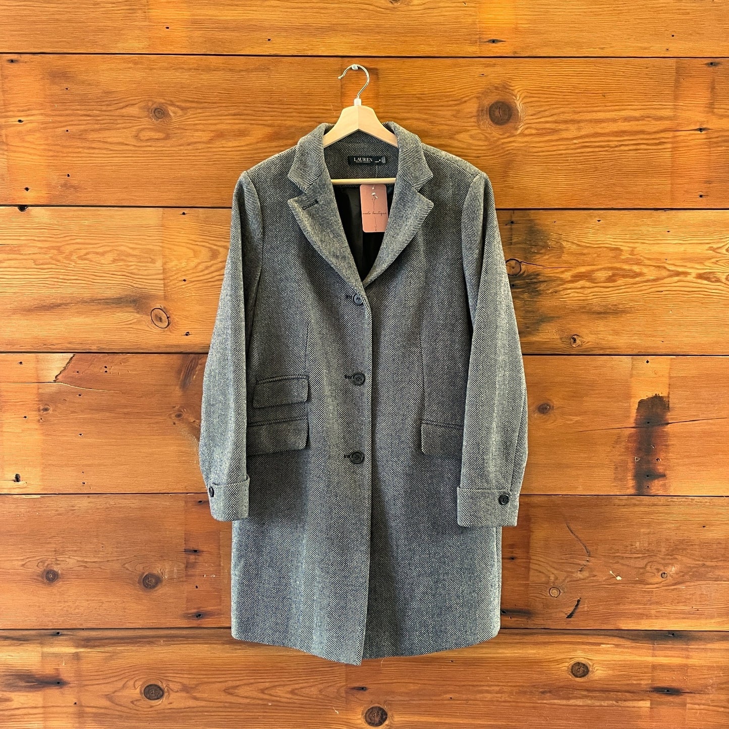 14 - Lauren Ralph Lauren Herringbone Gray Wool Button Up Long Top Coat 0530JF
