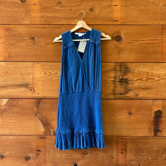 XS - Veronica Beard Blue Sleeveless V-Neck Smocked Cox Mini Dress 0508DK