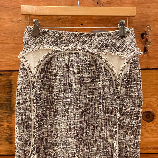 2 - Zac Posen Brown White Silk Tweed Pencil Wiggle Midi Skirt 0426CR