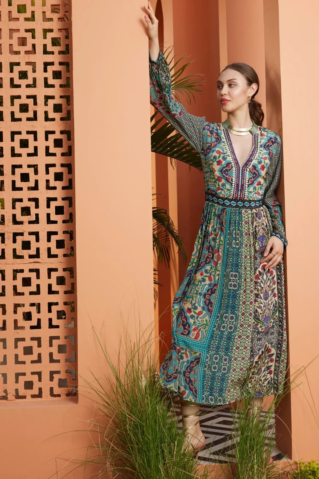 4 - Bhanuni Jyoti Anthropologie Multicolor Print Long Sleeve Maxi Dress 0830KR