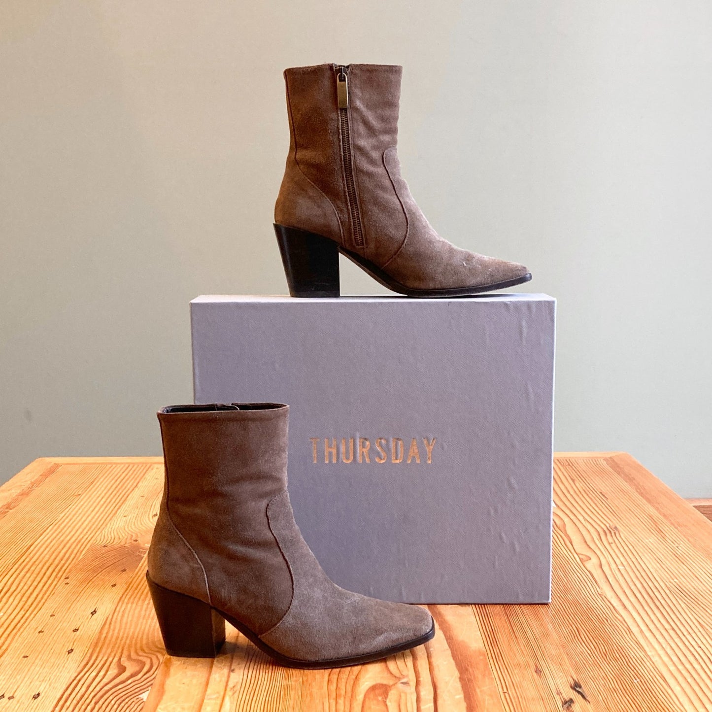 9.5 - Thursday Brown Suede Aspen Soho Zip Ankle Stack Heel Boots w/ Box 1008TB