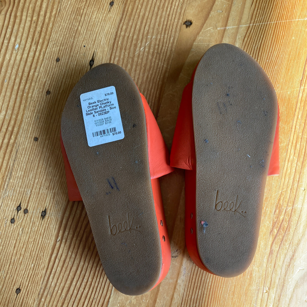 Beek Electric Orange Chunky Leather PLatform Slide Sandals - Size 6 - 0823EP