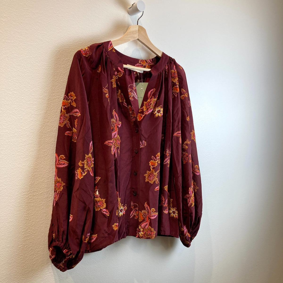 Vanessa Bruno Burgundy Floral Silk Button Up Poof Sleeve Top - Size S - 0927EK