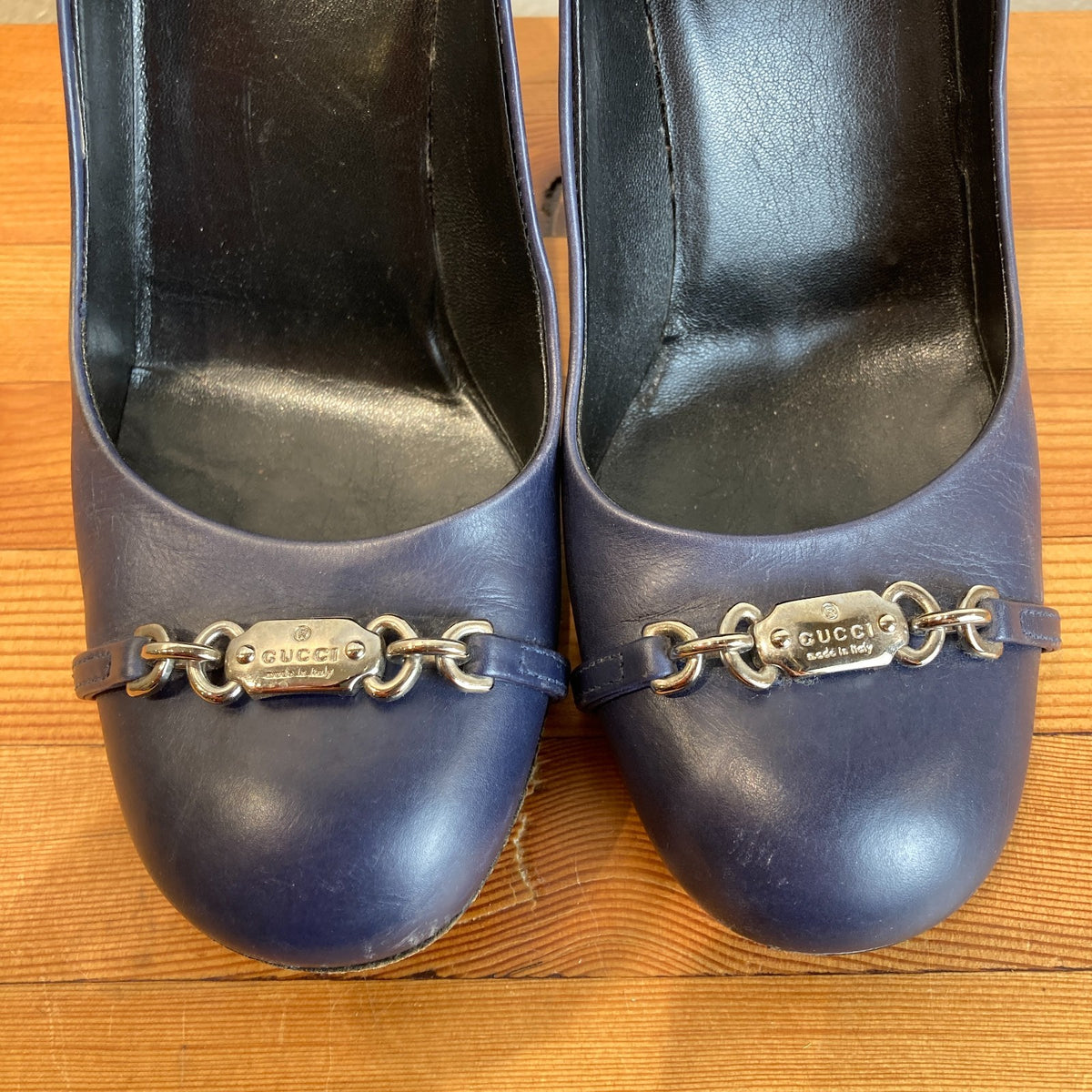Gucci Navy Leather Round Toe Horsebit Heels Shoes - Size 36.5 / 6.5 - 0926EC