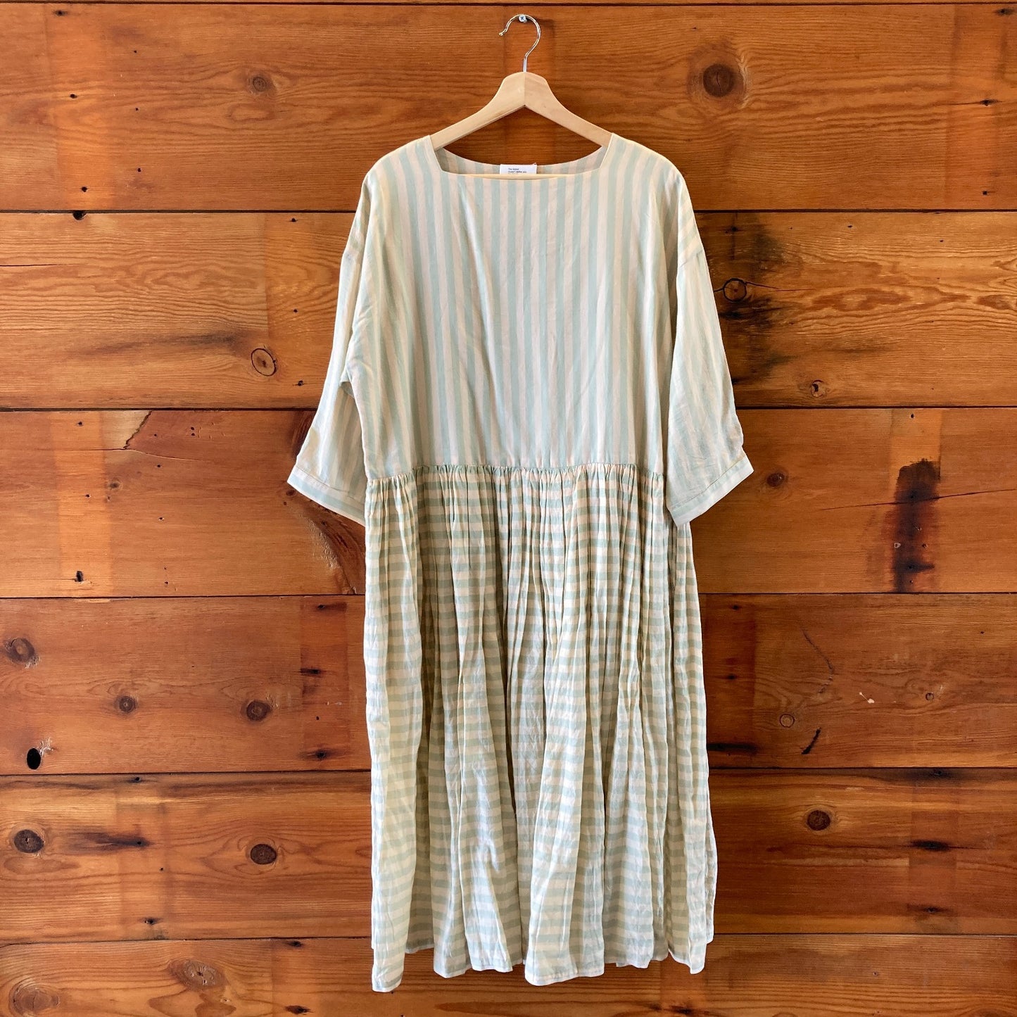 M - Runaway Bicycle Tan & Green Striped 3/4 Sleeve Silk Cotton Dress 0416JW