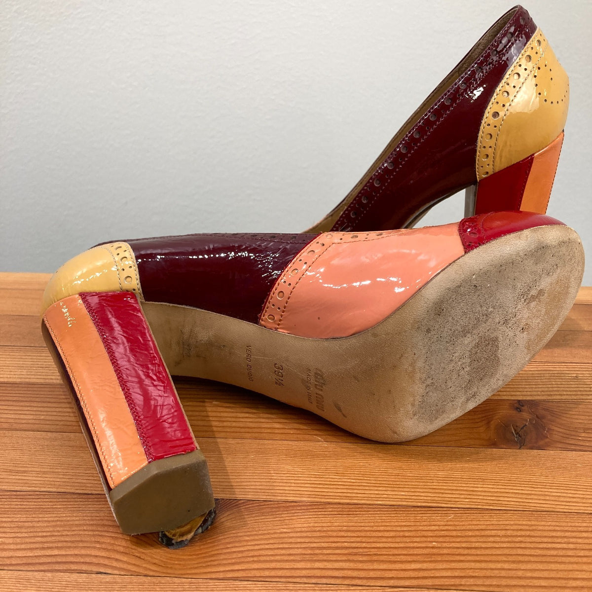 Miu Miu Patent Leather Brogue Colorblock Block Heels - Size 39.5 / 9.5 - 0103JM