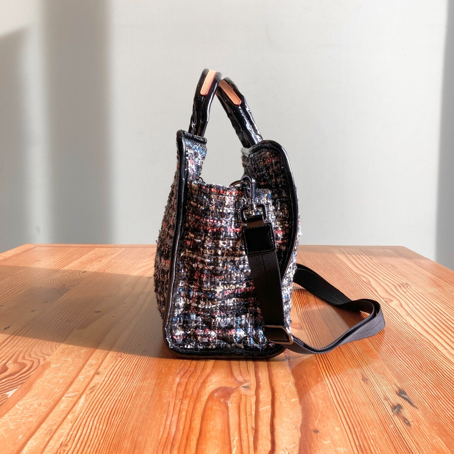 MZ Wallace $325 Tweed Medium Box Tote Crossbody Patent Handle Bag 1117KW