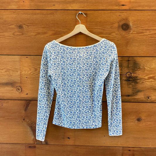 Sezane Blue Floral Pointelle Knit Sweetheart Neckline Shirt - Size S - 0518KR