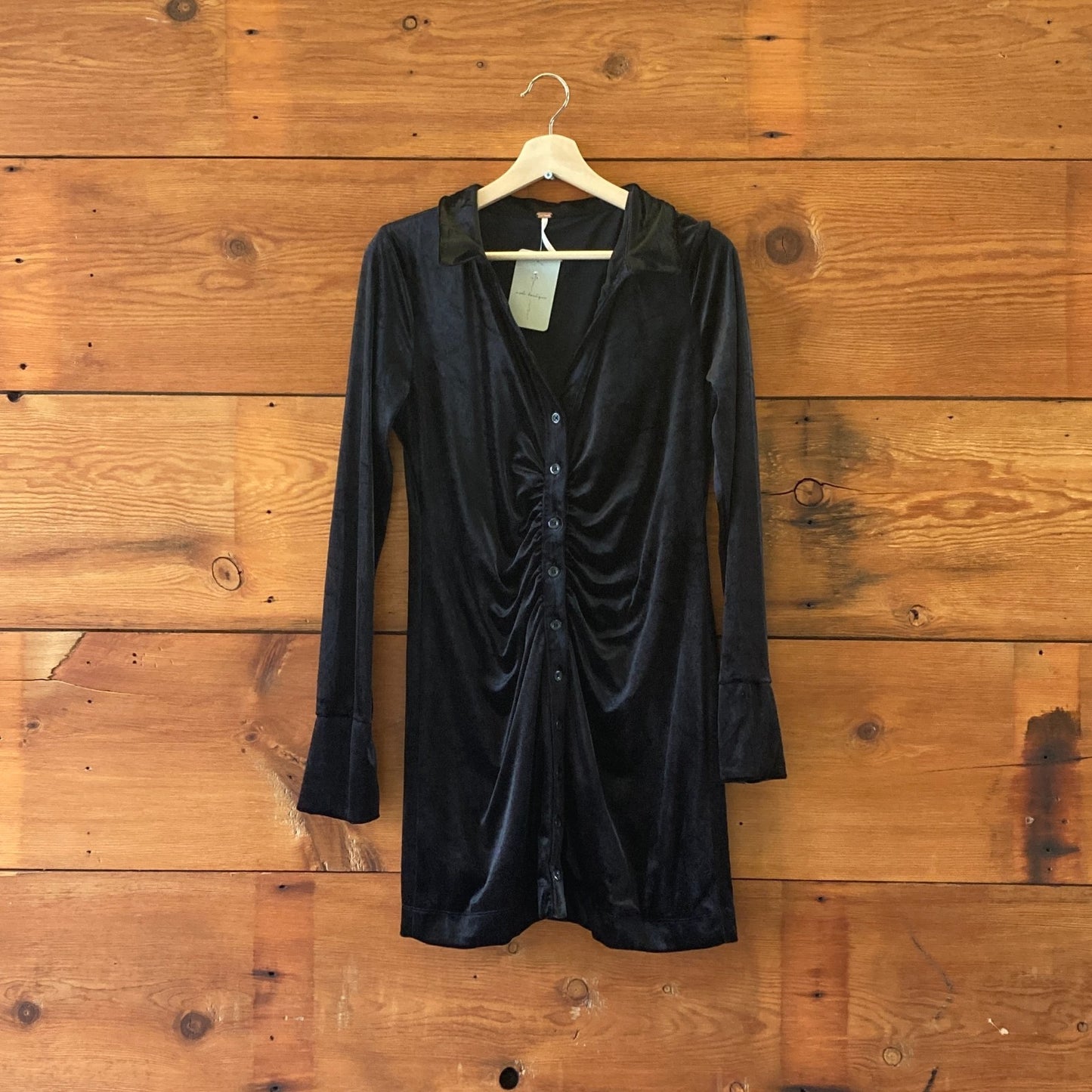 M - Free People Black Velvet Button Front Long Sleeve Shayla Dress 0707AC