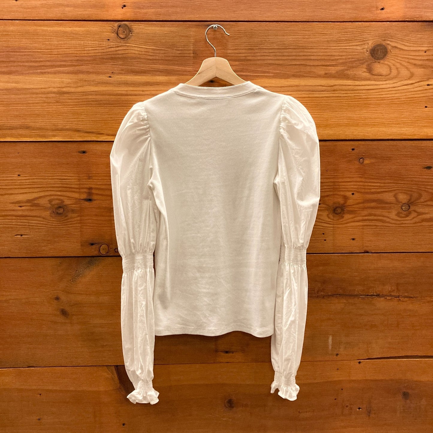 S - Veronica Beard White Ribbed Puff Sleeve Button Neck Effy Shirt 1120PK