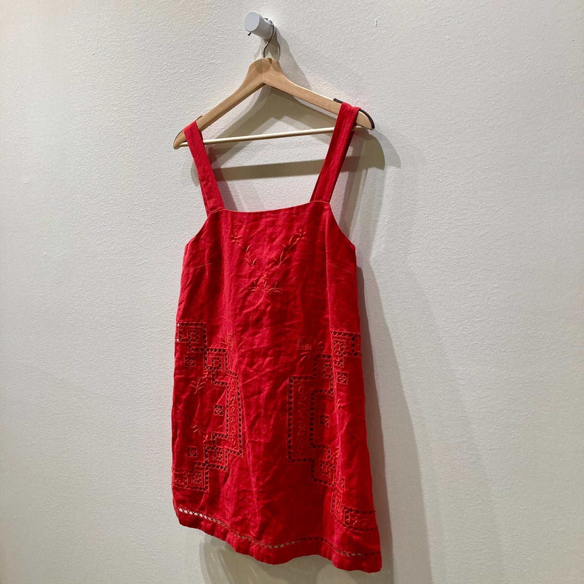 Sezane Red Linen Embroidered Square Neck Victoire Dress - Size XS - 0312IG