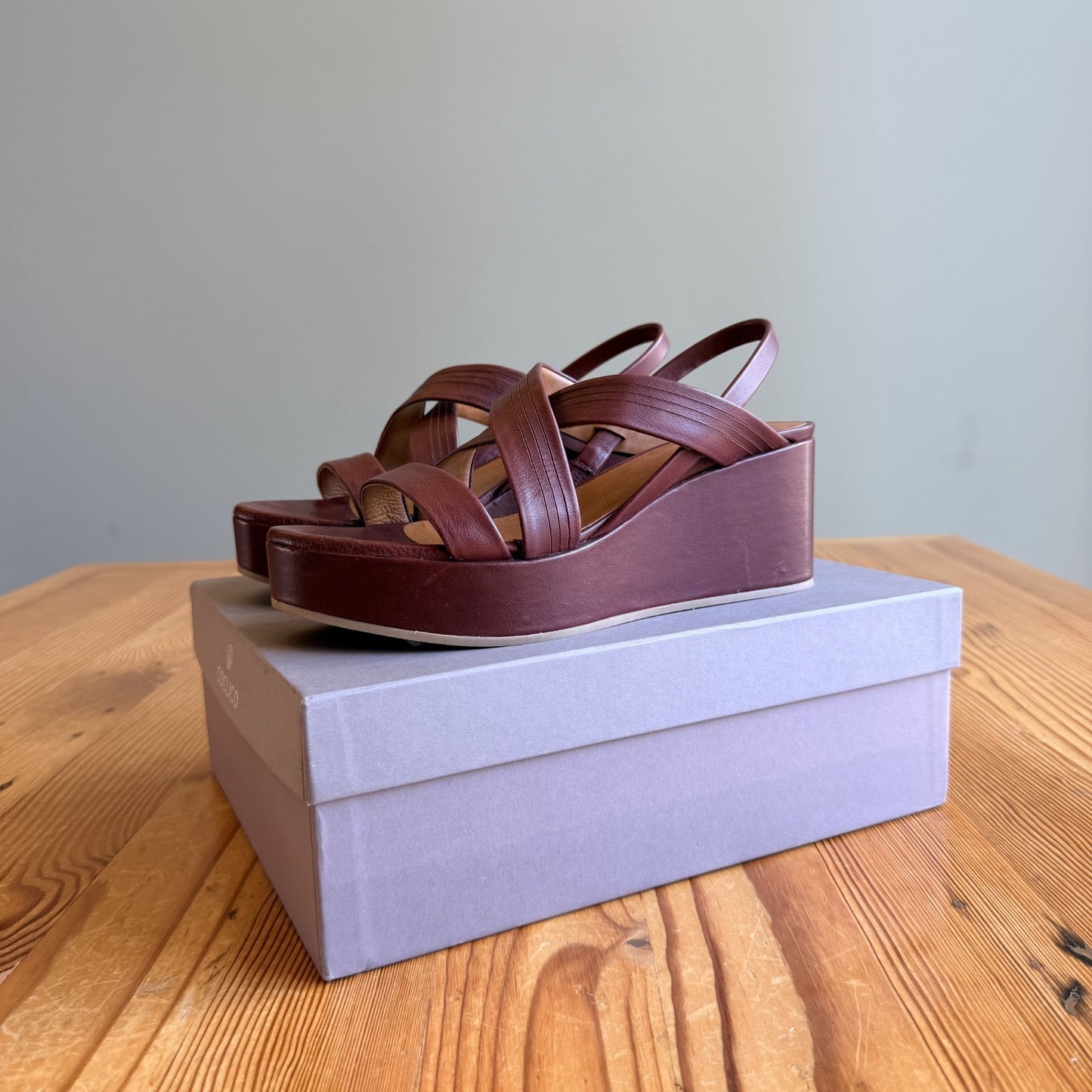 Coclico $395 Savana Brown LILY Leather Wedge Sandals - Size 38.5 w/ Box - 1217RM