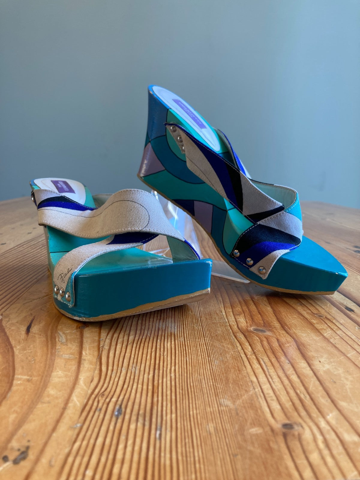 Emilio Pucci Aqua Teal Pointed Slip-on Wedge Sandals - Size 39 / 8.5 - 1019HV