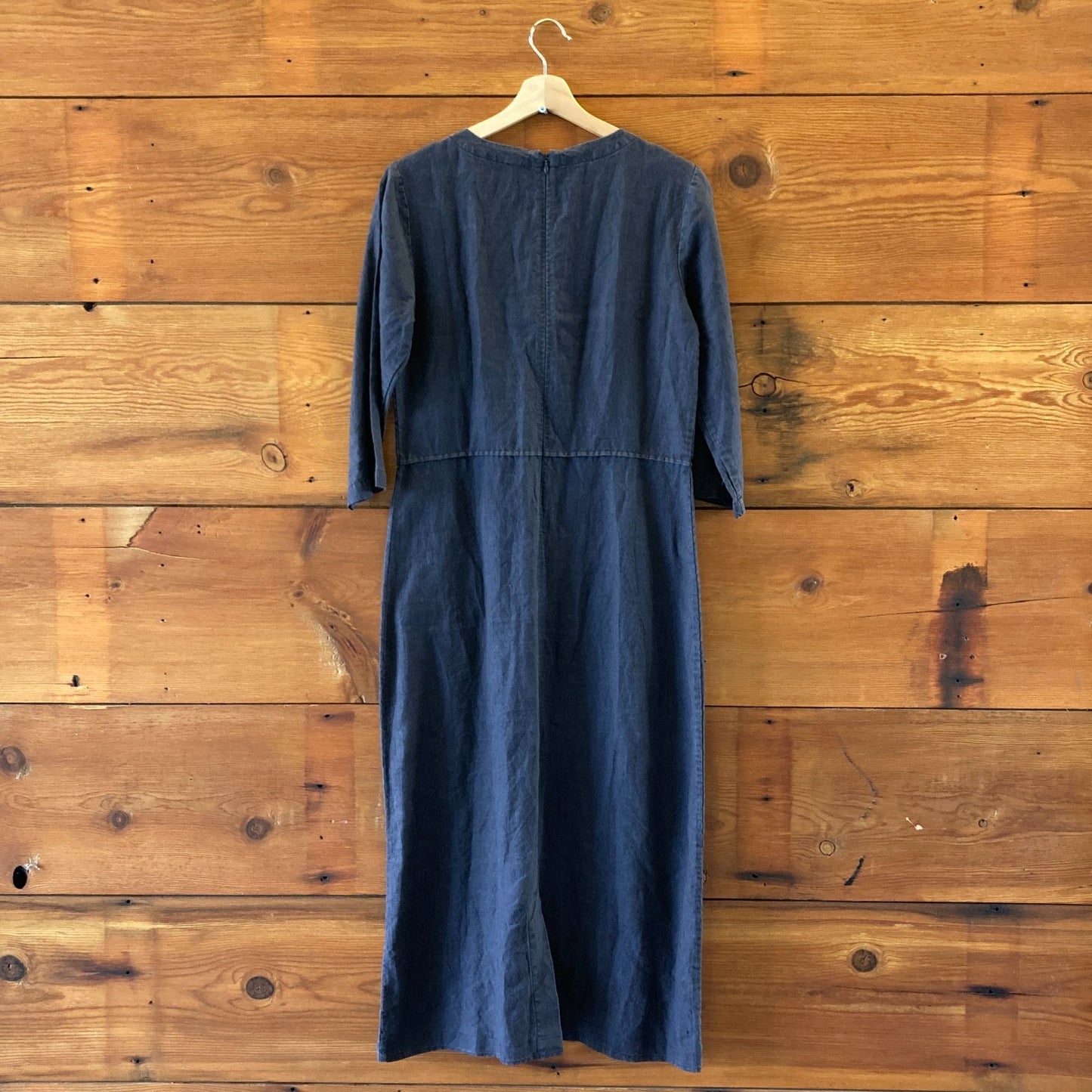 Poetry Navy 100% Linen Midi Length 3/4 Sleeve V Neck Dress - Size 6 - 1215RJ