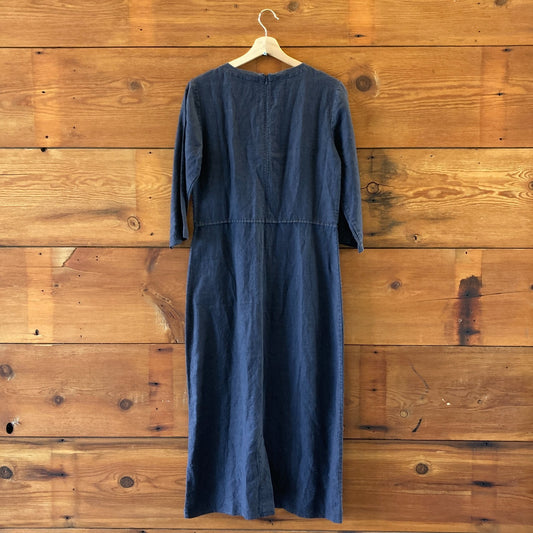 Poetry Navy 100% Linen Midi Length 3/4 Sleeve V Neck Dress - Size 6 - 1215RJ