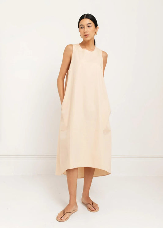 L - Paper Label Sand NEW $195 Gala Sleeveless Organic Cotton Poplin Dress 0416JW