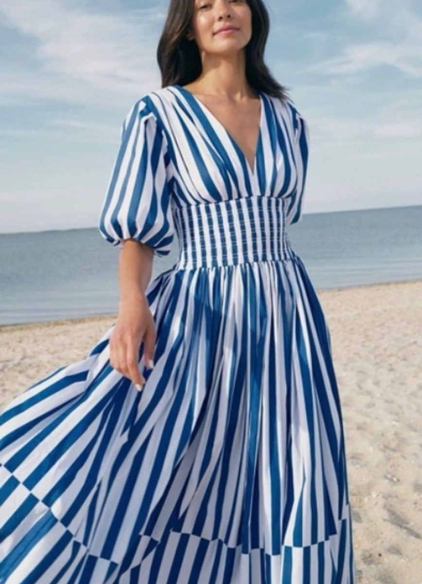 AYR AYR Marais Blue White Stripe Extra Extra Puff Sleeve Dress - Sz S - 0705SG