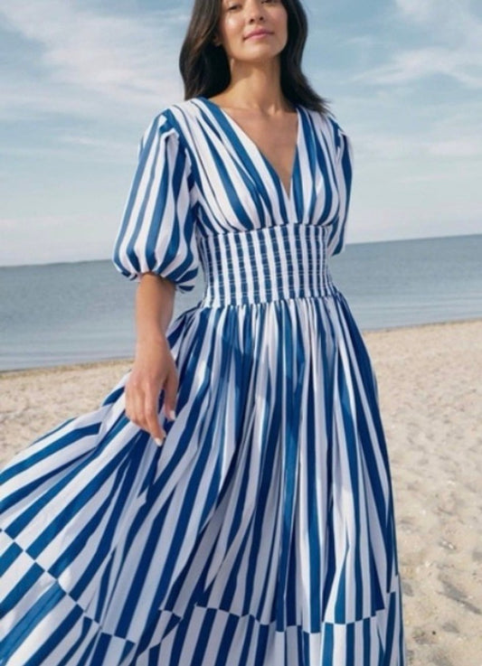 AYR AYR Marais Blue White Stripe Extra Extra Puff Sleeve Dress - Sz S - 0705SG