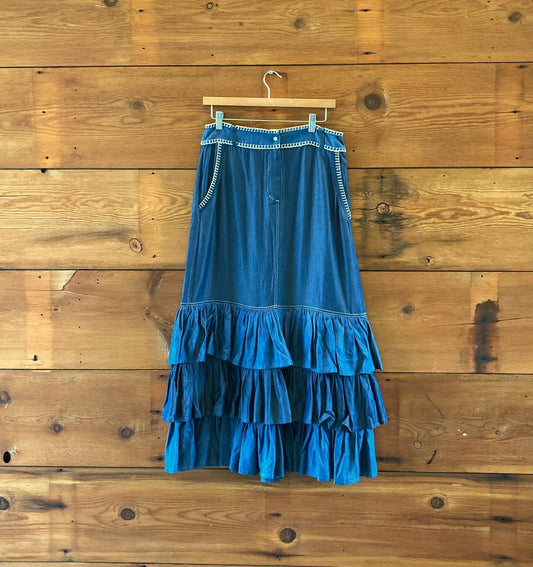 Carolina K $550 Western Tiered Hem Chambray Alma Skirt - Size M - NEW - 1011MP