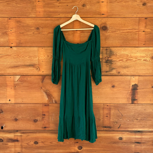 0 / XS - Reformation Green Square Neck Long Puff Sleeve Mica Dress 0122ND