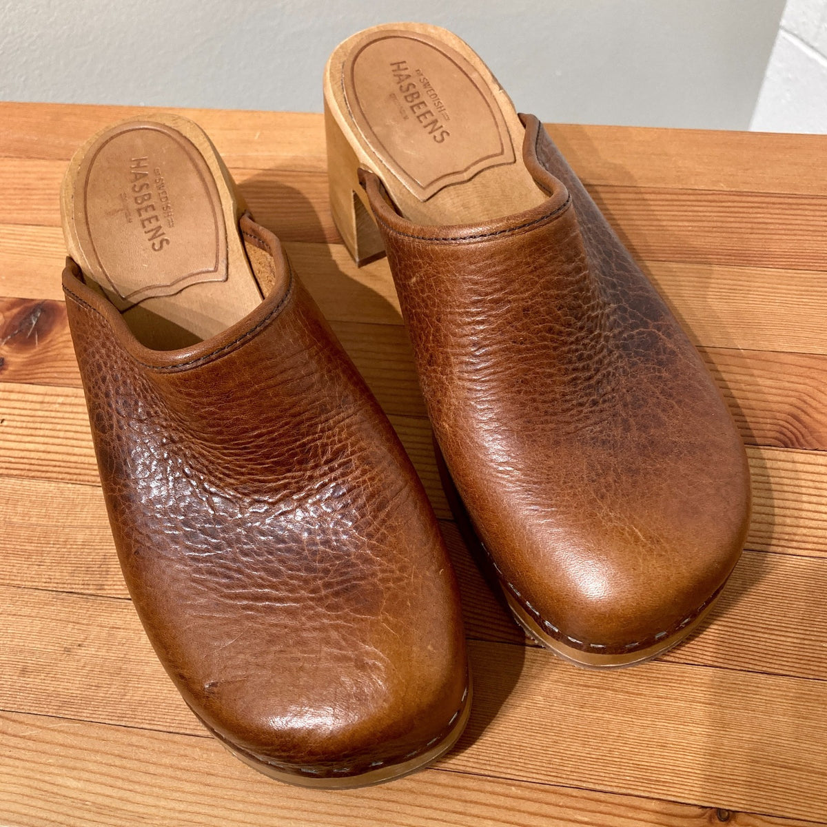 Swedish Hasbeens Brown Leather Wood Nature Clogs Shoes - Size 36 / 6 - 0312IG
