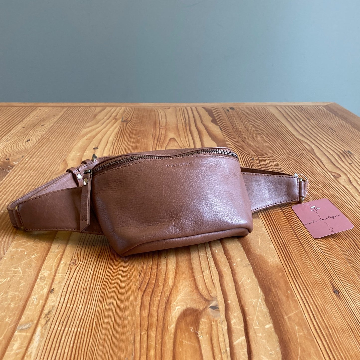 Mandrn Whiskey Brown Leather Top Zip Hip Belt Bag w/ Dustbag 0415CD