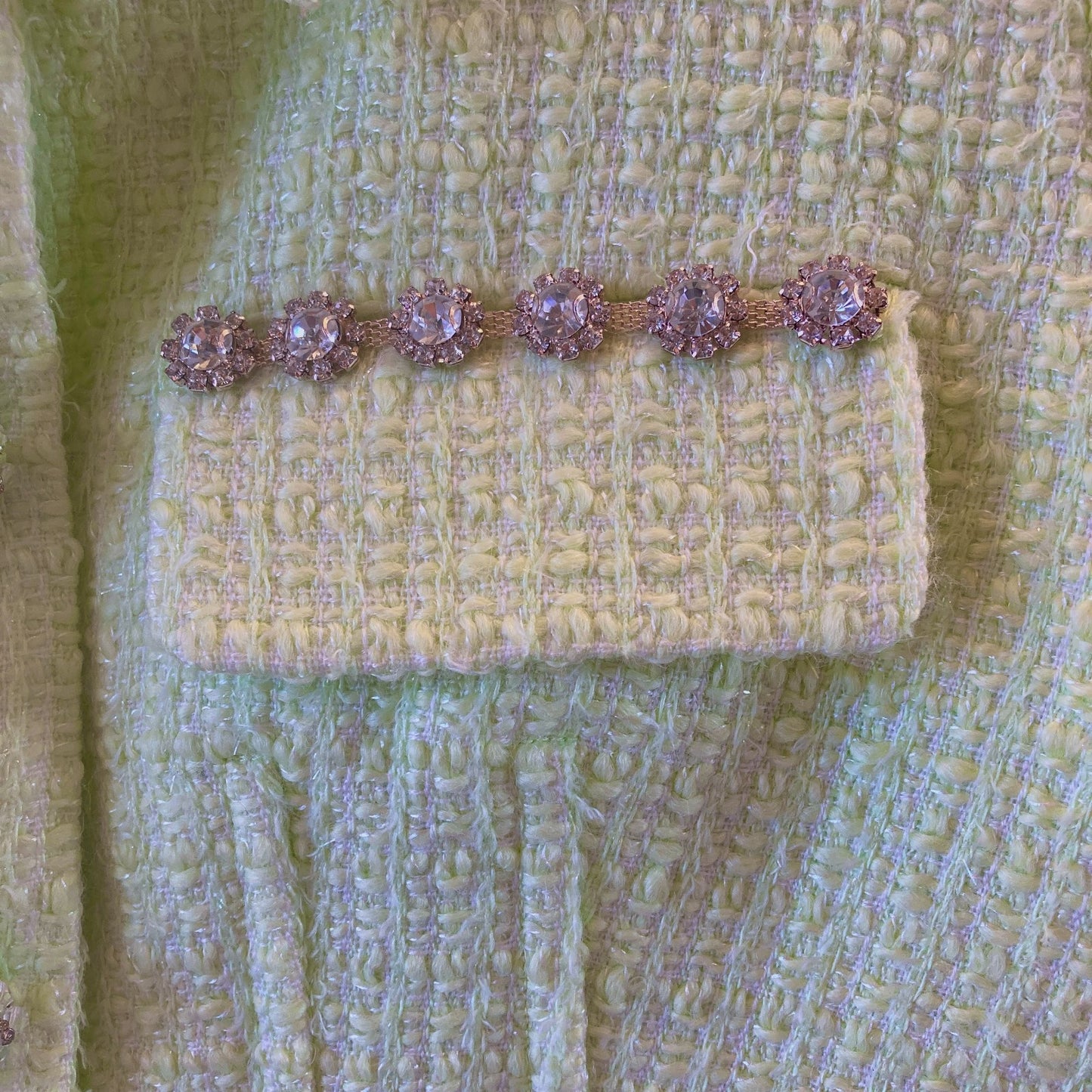 Self Portrait Pale Lime Green Crystal-Trim Tweed Crop Jacket - Size 8 - 1016LD