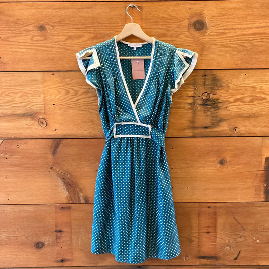 10 - Vintage Betsey Johnson Teal Silk Polka Dot Patterned Babydoll Dress 1227EL